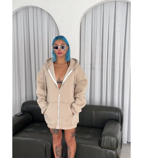 Kadın 3 İplik Pamuklu Kapüşonlu Kanguru Cepli Baskılı Oversize Hoodie Sweatshirt - Bej