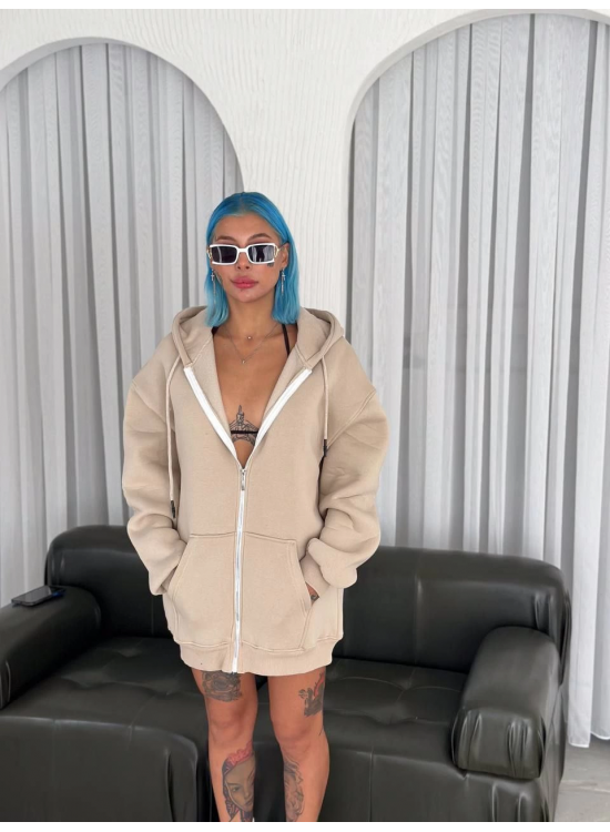 Kadın 3 İplik Pamuklu Kapüşonlu Kanguru Cepli Baskılı Oversize Hoodie Sweatshirt - Bej