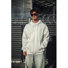Erkek Tam Fermuarlı Cepli Kapüşonlu 3 iplik pamuklu hoodie Sweatshirt - Beyaz