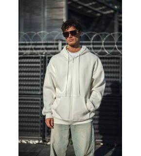 Erkek Tam Fermuarlı Cepli Kapüşonlu 3 iplik pamuklu hoodie Sweatshirt - Beyaz