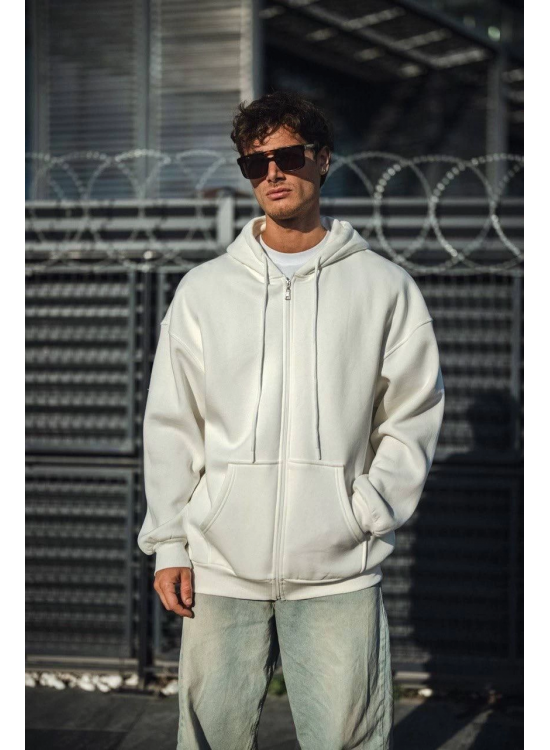 Erkek Tam Fermuarlı Cepli Kapüşonlu 3 iplik pamuklu hoodie Sweatshirt - Beyaz Erkek Tam Fermuarlı Cepli Kapüşonlu 3 iplik pamuklu hoodie Sweatshirt - Beyaz