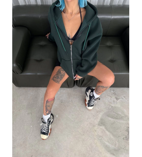 Kadın 3 İplik Pamuklu Kapüşonlu Kanguru Cepli Baskılı Oversize Hoodie Sweatshirt - Haki