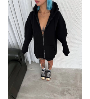 Kadın Tam Fermuarlı Cepli Kapüşonlu 3 iplik pamuklu hoodie Sweatshirt - Siyah