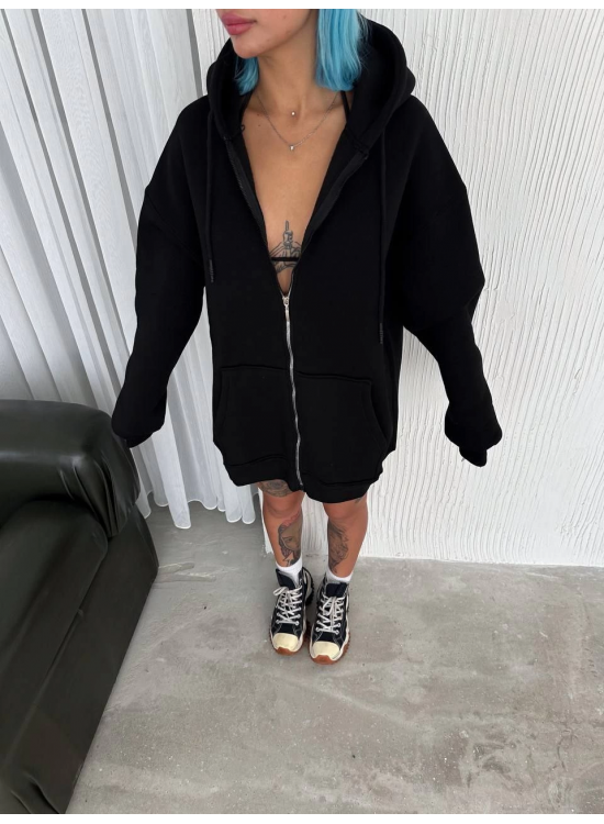 Kadın Tam Fermuarlı Cepli Kapüşonlu 3 iplik pamuklu hoodie Sweatshirt - Siyah Kadın Tam Fermuarlı Cepli Kapüşonlu 3 iplik pamuklu hoodie Sweatshirt - Siyah