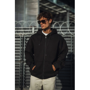 Erkek Tam Fermuarlı Cepli Kapüşonlu 3 iplik pamuklu hoodie Sweatshirt - Siyah