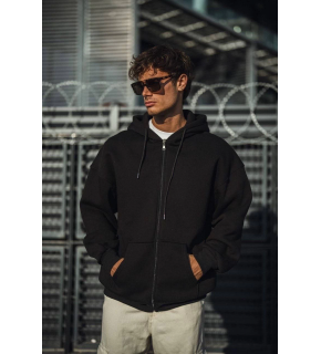 Erkek Tam Fermuarlı Cepli Kapüşonlu 3 iplik pamuklu hoodie Sweatshirt - Siyah