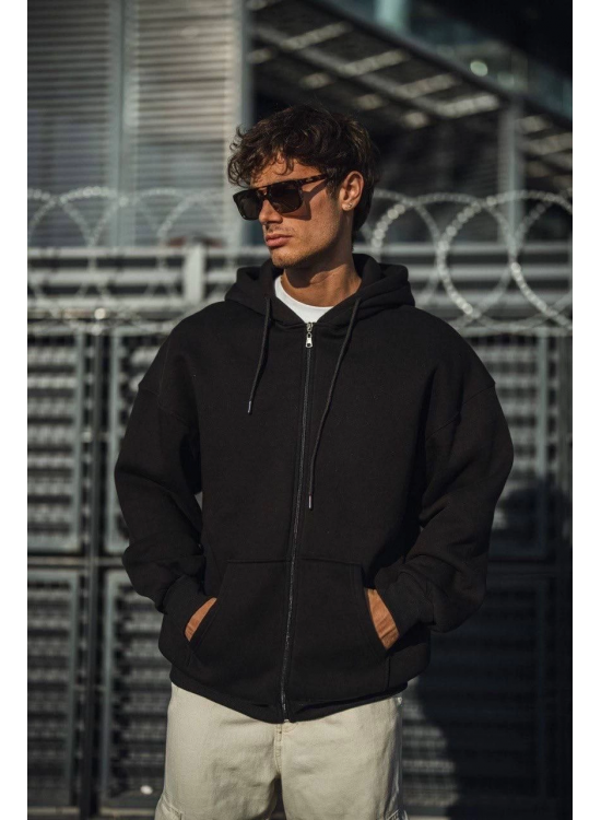 Erkek Tam Fermuarlı Cepli Kapüşonlu 3 iplik pamuklu hoodie Sweatshirt - Siyah