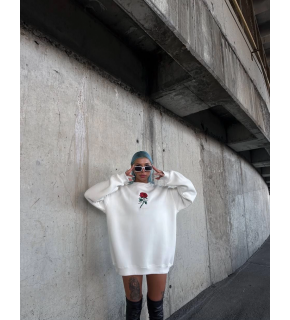 Kadın 3 iplik Pamuklu Bisiklet Yaka GÜL Baskılı SweatShirt - BeyazBeyaz