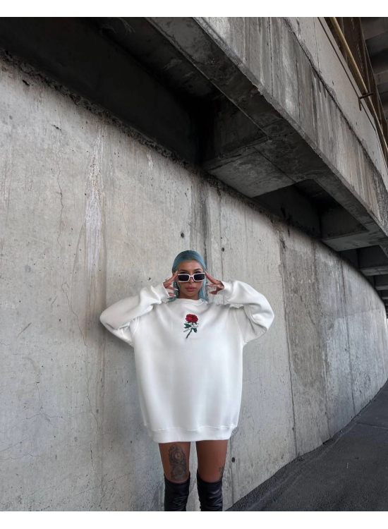 Kadın 3 iplik Pamuklu Bisiklet Yaka GÜL Baskılı SweatShirt - BeyazBeyaz