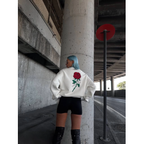 Kadın 3 iplik Pamuklu Bisiklet Yaka GÜL Baskılı SweatShirt - BeyazBeyaz