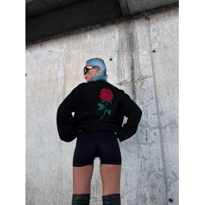 Kadın Oversize Kapüşonlu Cepli GÜL Baskılı 3 İplik Pamuklu Hoodie Sweatshirt - Siyah
