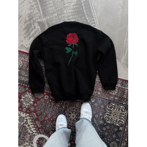 Kadın Oversize Kapüşonlu Cepli GÜL Baskılı 3 İplik Pamuklu Hoodie Sweatshirt - Siyah