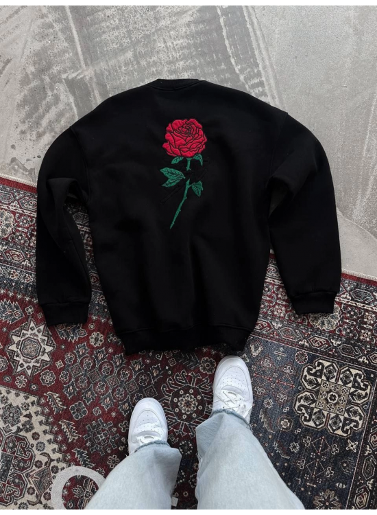 Kadın Oversize Kapüşonlu Cepli GÜL Baskılı 3 İplik Pamuklu Hoodie Sweatshirt - Siyah Kadın Oversize Kapüşonlu Cepli GÜL Baskılı 3 İplik Pamuklu Hoodie Sweatshirt - Siyah