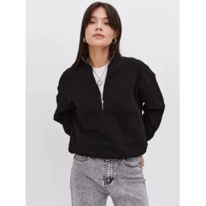 Kadın 3 İplik Pamuklu Oversize Yarım Fermuarlı Yakalı Basic Sweatshirt - Siyah