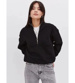 Kadın 3 İplik Pamuklu Oversize Yarım Fermuarlı Yakalı Basic Sweatshirt - Siyah