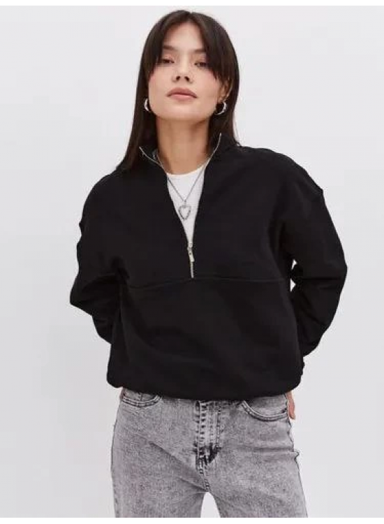 Kadın 3 İplik Pamuklu Oversize Yarım Fermuarlı Yakalı Basic Sweatshirt - Siyah