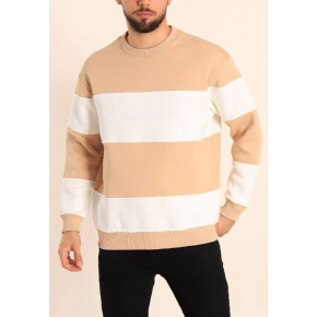 Erkek 3 iplik pamuklu Parçalı Bisiklet Yaka SweatShirt - Bej