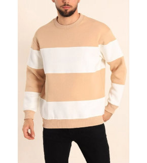Erkek 3 iplik pamuklu Parçalı Bisiklet Yaka SweatShirt - Bej