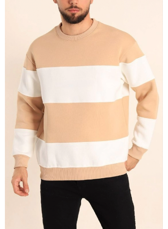 Erkek 3 iplik pamuklu Parçalı Bisiklet Yaka SweatShirt - Bej Erkek 3 iplik pamuklu Parçalı Bisiklet Yaka SweatShirt - Bej