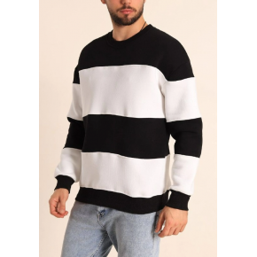 Erkek 3 iplik pamuklu Parçalı Bisiklet Yaka SweatShirt - Siyah