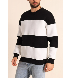 Erkek 3 iplik pamuklu Parçalı Bisiklet Yaka SweatShirt - Siyah