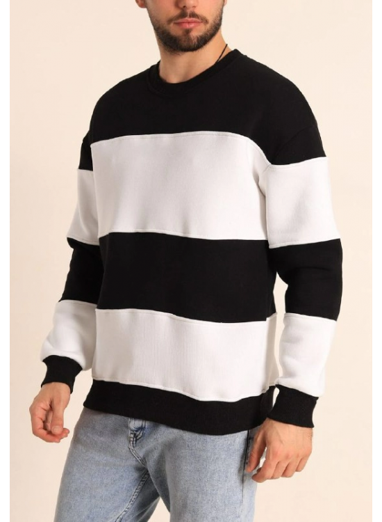 Erkek 3 iplik pamuklu Parçalı Bisiklet Yaka SweatShirt - Siyah Erkek 3 iplik pamuklu Parçalı Bisiklet Yaka SweatShirt - Siyah