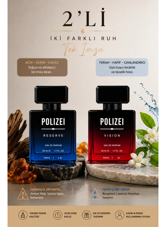 Polizei 2'Li Erkek Parfüm EDP 50 ML Kalıcı Odunsu ve Fresh koku Polizei 2'Li Erkek Parfüm EDP 50 ML Kalıcı Odunsu ve Fresh koku