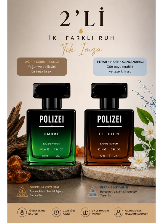 Polizei 2'Li Erkek Parfüm EDP 50 ML Kalıcı Odunsu ve Fresh koku Polizei 2'Li Erkek Parfüm EDP 50 ML Kalıcı Odunsu ve Fresh koku
