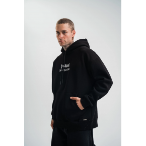 Erkek 3 İplik Pamuklu Kapüşonlu Baskılı Cepli Oversize Sweatshirt Hoodie - Siyah