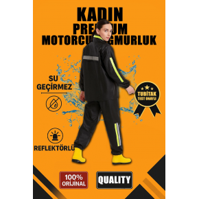 Kadın Premium Motorcu Kurye Yağmurluk Takım Su Geçirmez PVC Reflektörlü Siyah