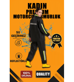 Kadın Premium Motorcu Kurye Yağmurluk Takım Su Geçirmez PVC Reflektörlü Siyah