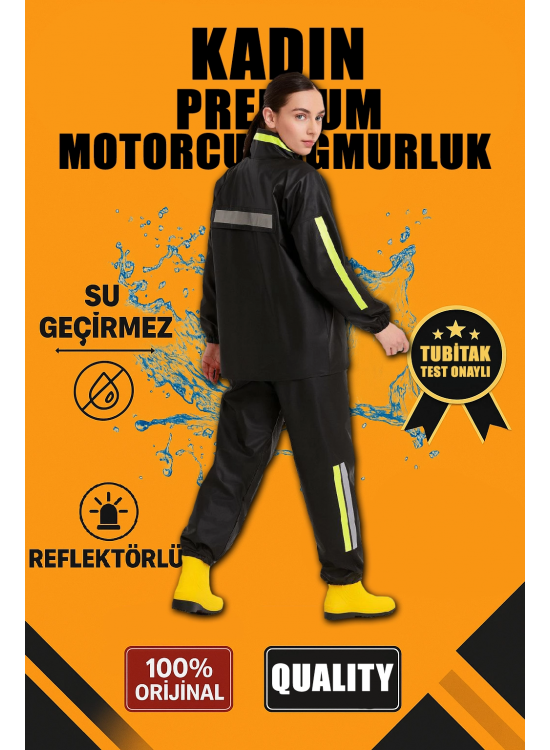 Kadın Premium Motorcu Kurye Yağmurluk Takım Su Geçirmez PVC Reflektörlü Siyah