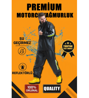 Erkek Premium Motorcu Kurye Yağmurluk Takım Su Geçirmez PVC Kumaş Reflektörlü  - Siyah