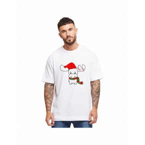 Yılbaşı Noel Ren Geyiği Baskılı Kısa Kollu Oversize Bisiklet Yaka T-shirt - Beyaz
