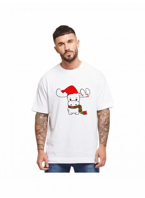 Yılbaşı Noel Ren Geyiği Baskılı Kısa Kollu Oversize Bisiklet Yaka T-shirt - Beyaz Yılbaşı Noel Ren Geyiği Baskılı Kısa Kollu Oversize Bisiklet Yaka T-shirt - Beyaz