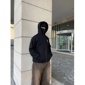 Erkek 3 iplik Samuray kapüşonlu ZIP Fermuarlı SweatShirt Hoodie - Siyah