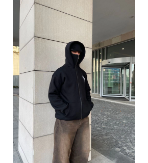 Erkek 3 iplik Samuray kapüşonlu ZIP Fermuarlı SweatShirt Hoodie - Siyah