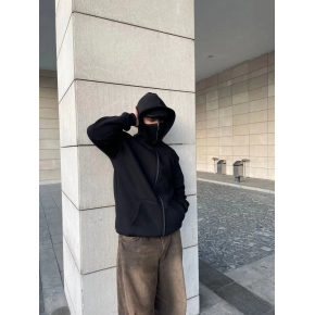 Samuray Ninja Çift Kapşonlu ZIP Fermuarlı Kanguru Çepli Tam Fermuarlı Hoodie Swetshirt - Siyah
