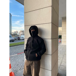 Samuray Ninja Çift Kapşonlu ZIP Fermuarlı Kanguru Çepli Tam Fermuarlı Hoodie Swetshirt - Siyah