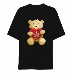 14 Şubat Sevgililer Günü I Love You Ayı Baskılı Oversize Bisiklet Yaka T-shirt - Siyah