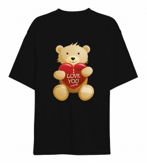 14 Şubat Sevgililer Günü I Love You Ayı Baskılı Oversize Bisiklet Yaka T-shirt - Siyah