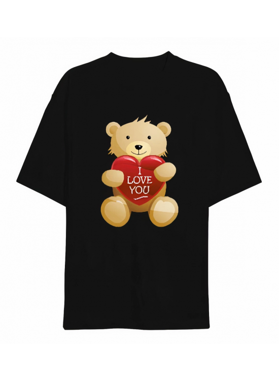 14 Şubat Sevgililer Günü I Love You Ayı Baskılı Oversize Bisiklet Yaka T-shirt - Siyah