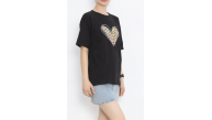 14 Şubat Sevgililer Günü Leopar Kalp Baskılı Oversize Bisiklet Yaka T-shirt - Siyah