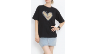 14 Şubat Sevgililer Günü Leopar Kalp Baskılı Oversize Bisiklet Yaka T-shirt - Siyah