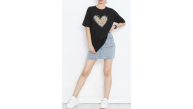 14 Şubat Sevgililer Günü Leopar Kalp Baskılı Oversize Bisiklet Yaka T-shirt - Siyah