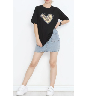 14 Şubat Sevgililer Günü Leopar Kalp Baskılı Oversize Bisiklet Yaka T-shirt - Siyah