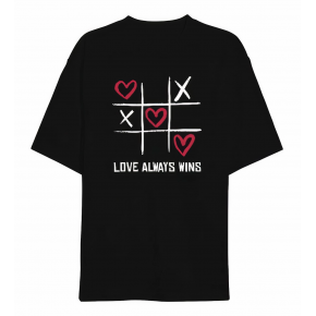 14 Şubat Sevgililer Günü Love Always Wins Baskılı Oversize Bisiklet Yaka T-shirt - Siyah