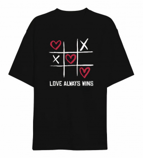 14 Şubat Sevgililer Günü Love Always Wins Baskılı Oversize Bisiklet Yaka T-shirt - Siyah