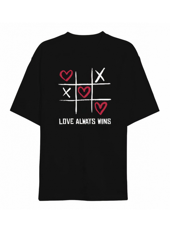 14 Şubat Sevgililer Günü Love Always Wins Baskılı Oversize Bisiklet Yaka T-shirt - Siyah