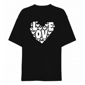 14 Şubat Sevgililer Günü Love Kalp Baskılı Oversize Bisiklet Yaka T-shirt - Siyah